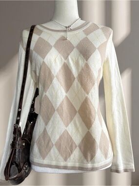 Cream & Beige Argyle Knit Top